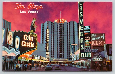 1960s Neon Night View Union Plaza Hotel Freemont Street Las Vegas NV Postcard