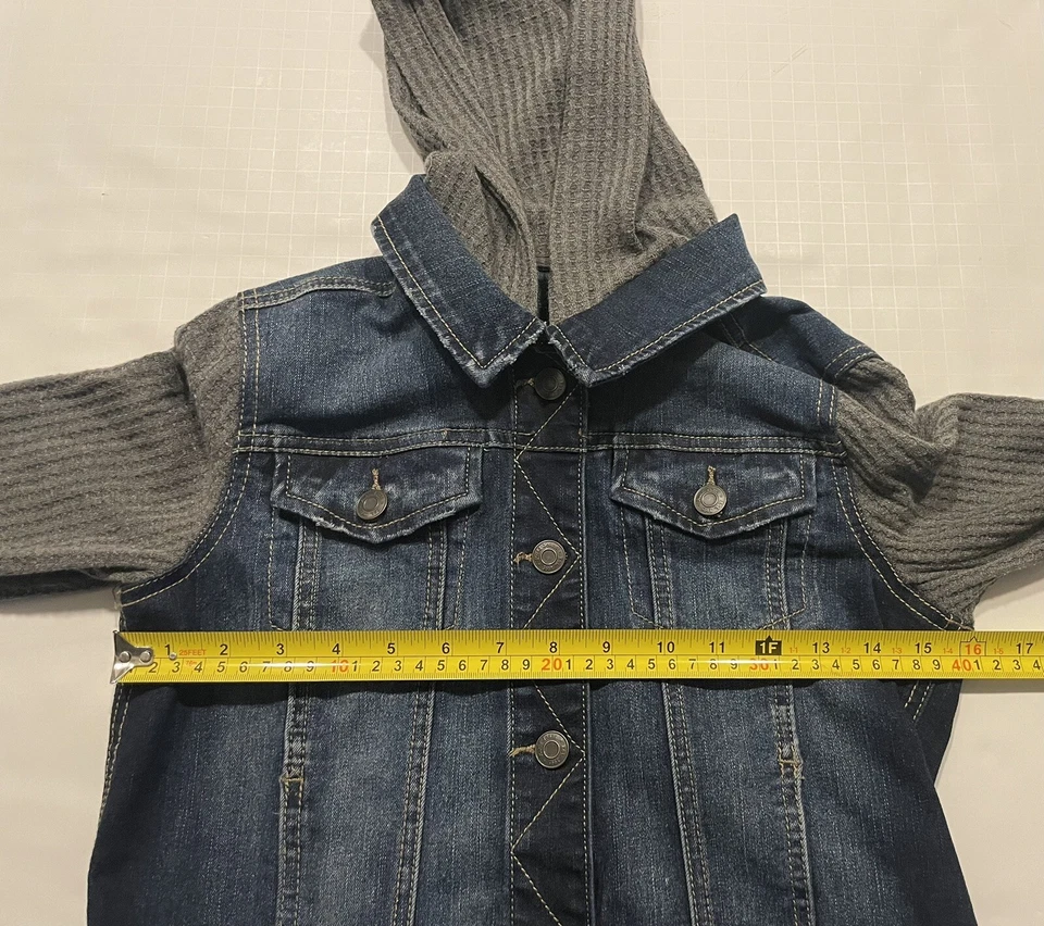 MUDD Niñas Talla 14 Azul Gris Denim Jean Chaqueta Abrigo Abotonado con Capucha Foto 3 de 4