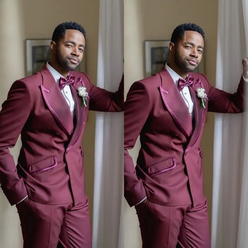 Burgundy Men Suits Wide Peak Lapel Wedding Groom Formal Prom Men Tuxedos 2 Pcs - Picture 2 of 16