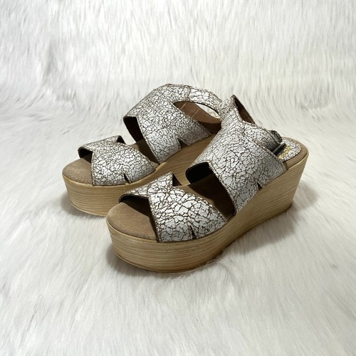 Sbicca Vintage Platform Wedge Sandals Women 7 White Crackle Leather Boho Western - Picture 4 of 11