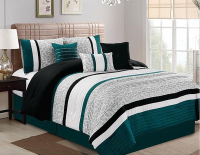 Bed In A Bag 7 Pcs Oversize Stripe Comforter Sets Modern Teal King Size Bed In A Bag 7 Pcs Oversize Stripe, King Size Bedroom Comforter Sets