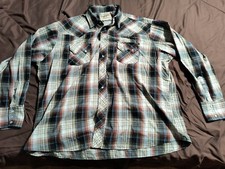 Wrangler Western Fashion Shirt Mens XXL Pearl Snap Red Blue Tan Plaid Pockets
