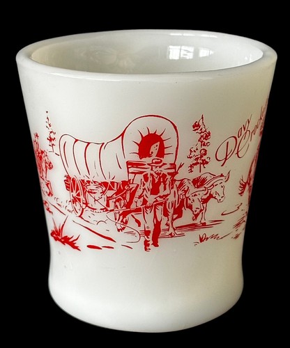Vintage FIRE-KING DAVY CROCKETT MilkGlass MUG Red Print HORSES COVERED WAGON 50s - Picture 15 of 23