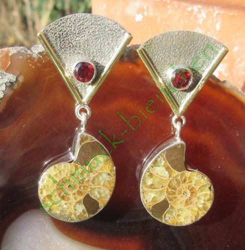 RX Ohrring Ammonit Fossilien Versteinerung und Granat Sterling Silber 925 - Bild 6 von 6