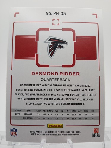 Atlanta Falcons 2022 Panini Chronicles - Photogenic #PH-35 Desmond Ridder (RC) - Picture 2 of 2