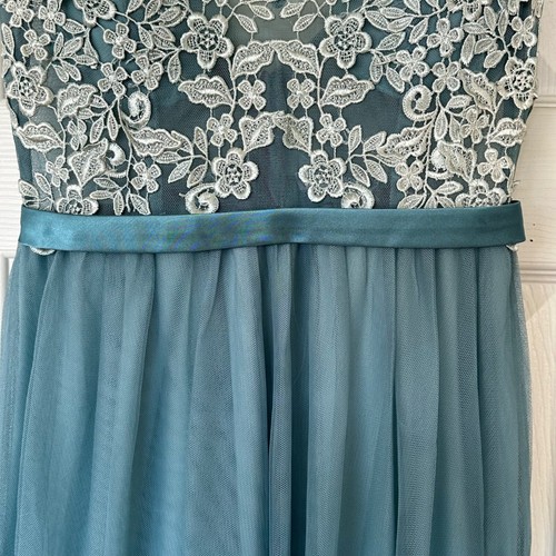 Women Evening Dress Blue Deep V-Neck Tulle Long Dress Party Prom Gown Size 6 - Picture 2 of 12