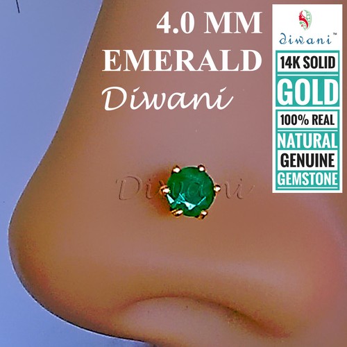 4.0mm Natural Emerald Engagement Wedding Nose Piercing Ring Pin Stud 14k Gold - Picture 4 of 12