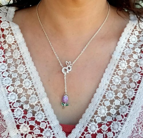 Crystal Bunny Lariat Necklace, Tulip Necklace, Bunny Necklace, Easter Necklace - Picture 2 of 6