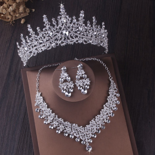 Luxus Silber Kristall Brautschmuck Sets Diadem Krone Halskette Schmuckset - Bild 1 von 37