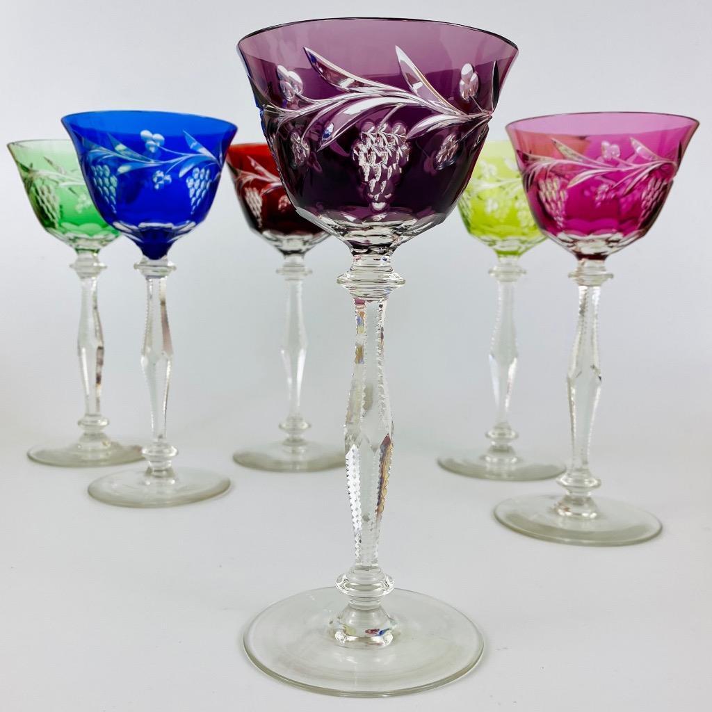 6 Hand Cut Bohemain Harlequin Crystal Hock / Wine Glasses ~ 19cm~Faceted Stem - Photo 3 sur 20