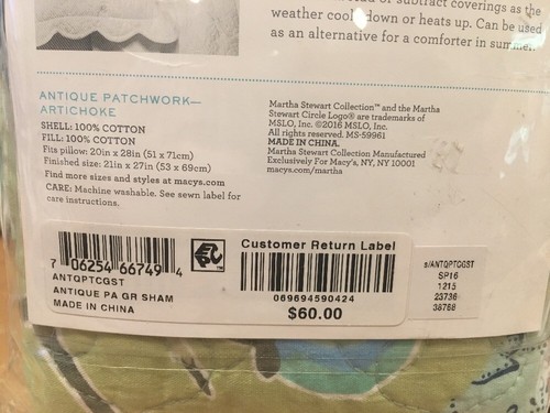 MARTHA STEWART Antique Patchwork Green Quilted Standard Pillow Sham $60 -NIP - Picture 5 of 5