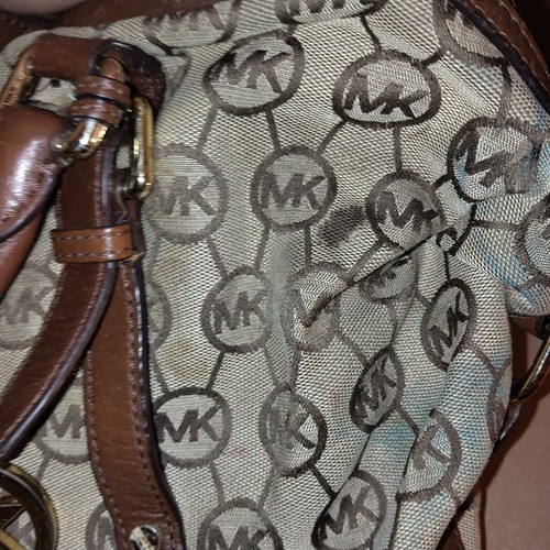 Michael Kors MK Bedford Bowling Bag Satchel Beige Signature Canvas Handbag Purse - Picture 10 of 11