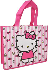 Hello Kitty Reusable Shopping Tote Bag, Pink Striped Pattern with Cupcake Design