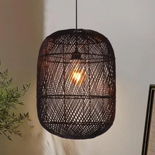 Hand Woven Rattan Pendant Light Vintage Farmhouse Wicker Pendant Light Black ...