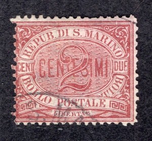 San Marino 1895 2c claret, Scott 3 used, value = $19.00