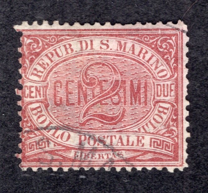 San Marino 1895 2c claret, Scott 3 used, value = $19.00