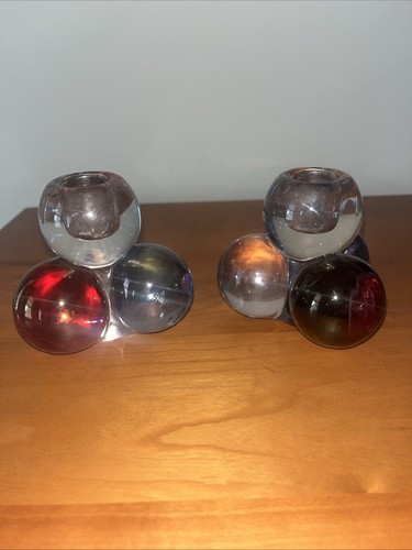 Colorful Pair Of Westmoreland Stacked Glass Ball Candle Holders - Picture 4 of 13