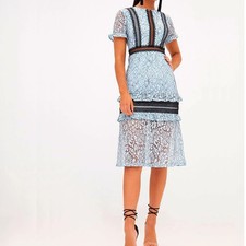 PrettyLittleThing Light Blue Floral Lace Midi Dress Black Crochet Trim Size 4