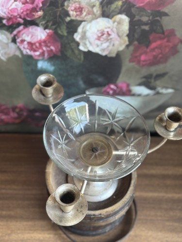 Vintage 3-Arm Metal Candelabra w/ Etched Glass Bowl – Elegant Centerpiece - Picture 2 of 8