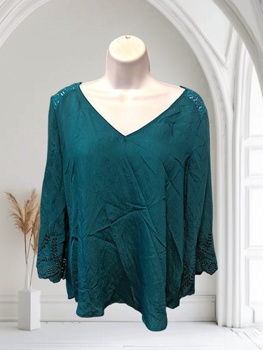 Fig & Flower S Popover Bluse Spitze Ösen grün 3/4 Ärmel. A-3 - Bild 3 von 12