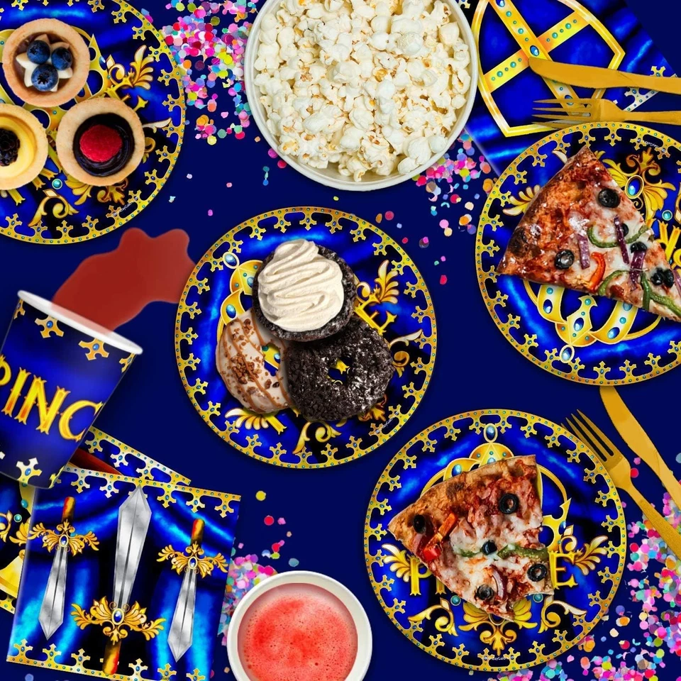 Juego de suministros de baby shower para fiesta de cumpleaños Royal Blue Prince platos servilletas tazas Ta Foto 3 de 4