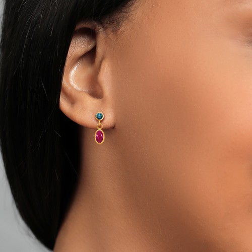 14K Yellow Gold Ruby and Blue Diamond Drop Dangle Earrings For Women (1.40 - Picture 4 of 4