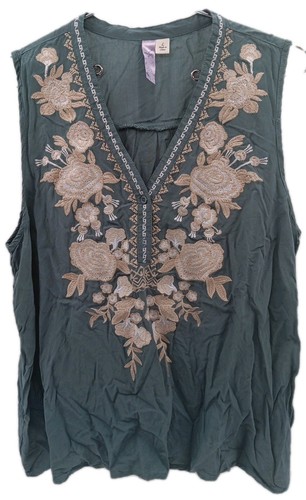 Alya Shirt Women's Large Teal Floral Embroidered Sleeveless V Neck Top Casual