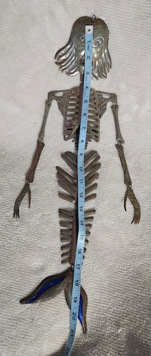 Vtg Tin Mermaid Skeleton Mexico Day of the Dead Large Jointed Folk Art Figure - Picture 10 of 11
