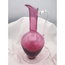 Cranberry Glass Twisted Ribbed Ewer Pitcher Clear Foot Handle 12"