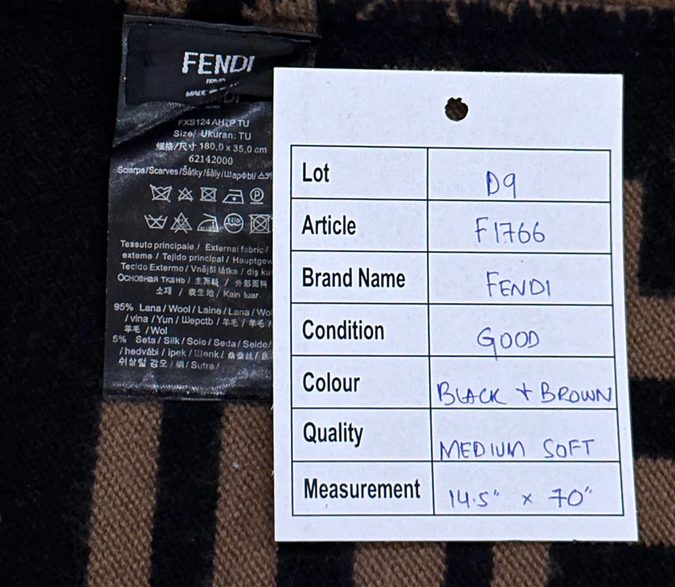 GENUINE FENDI PRE-OWNED UNISEX 100% WOOL SCARF BLACK AND BROWN MADE IN ITALY - Image 2 of 4