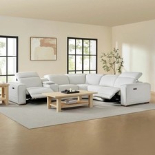 Aiden & Ivy Karson Cream Leather Power Reclining Sectional Sofa + Del & Assembly