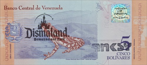 BANKSY * 5 bolívares * Billete real * Dismaland 2015 * Certificado * Sello - Imagen 2 de 10