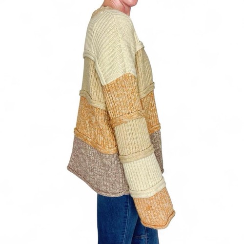 Entro Pullover beige braun hellbraun gestreift Patchwork ausgestellte Ärmel - Bild 5 von 8