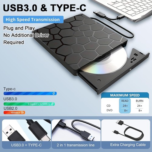External USB3.0 Type-C Portable CD Drive,Multi-functional External Optical Drive - Picture 12 of 12