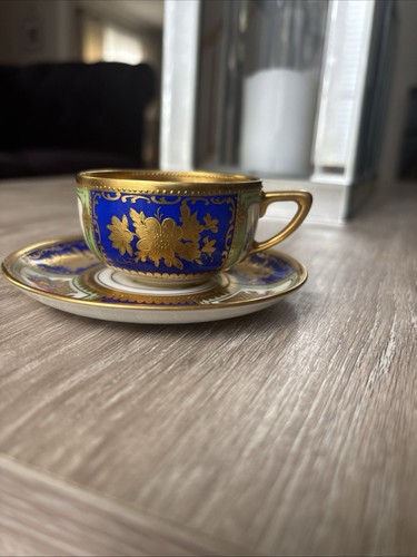 Wilhelm Koch W K Dresden Demitasse Tasse & Untertasse Set Kobalt Tafeln Gold verkrustet - Bild 3 von 8