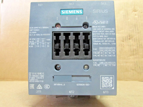 SIEMENS 3RT1054-6NB36 3HP Max 600v 3ph 3-Pole Contactor 140Amp (USED - NO BOX)