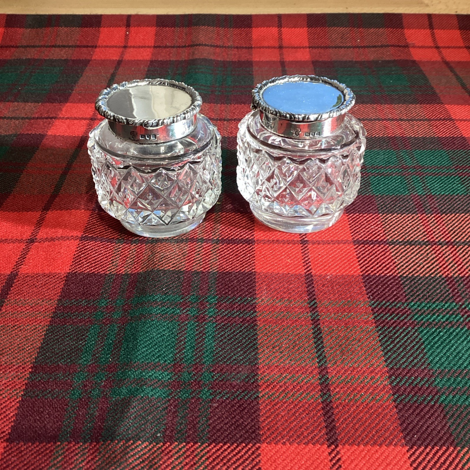 2 Matching Sterling Silver And Cut Glass Inkwells. Some Damage 1903
