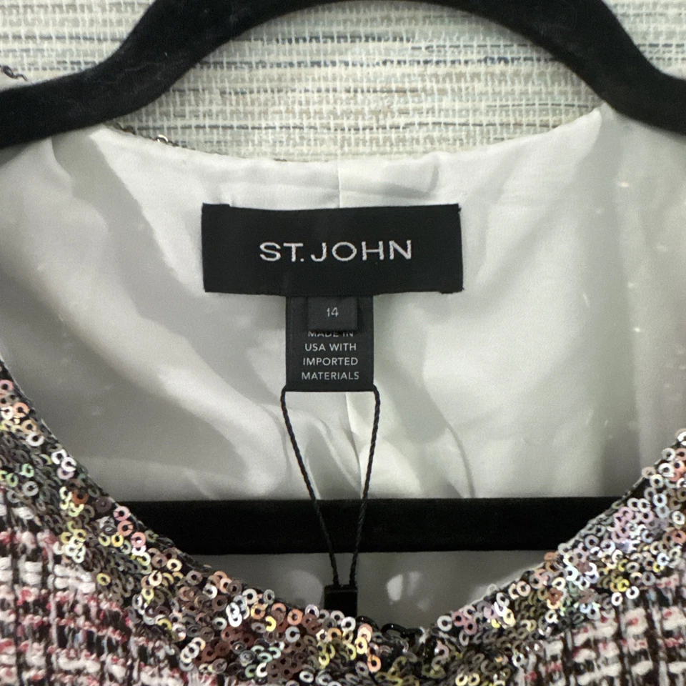 St. John Runway Tweed Blazer Ecru Black Pearl Petal Sequins Accented Size 14 - Image 2 of 4