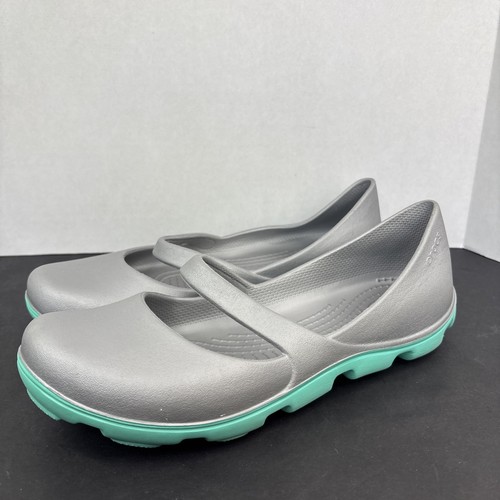 Crocs Duet Sport Mary Jane Slip On Shoes Women’s Silver Gray Turquoise Size 10