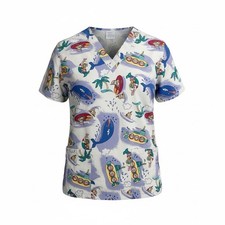 Scrubtime Women  s V Neck Scrub Top Size Small Bears In Submarines Floating Bears
