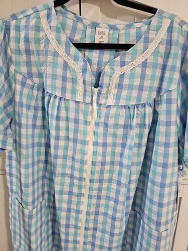 Womens Croft & Barrow Robe Knee length Blue Plaid Zipper Short Sleeve 2X - Picture 1 of 2