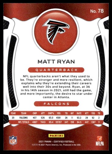 2021 Panini Certified Mirror Orange Matt Ryan 29/149 Falcons #78 A6 - Picture 2 of 2