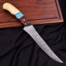 CUSTOM HANDMADE DAMASCUS BONE& WOOD HANDLE CHEF KNIFE PREIMUM LEATHER SHEATH