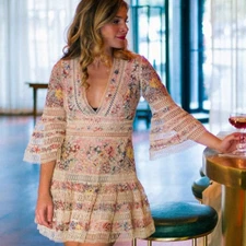 Zimmermann Lovelorn Floral Flutter Mini Dress Size 3  14 au 10 us Lace Embroider