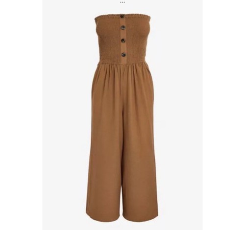 NEW NEXT Size 18 Tan Brown Shirred Bandeau Button Wide Leg Jumpsuit Culottes - Picture 4 of 10