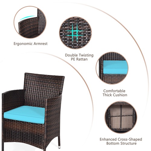 3PCS Rattan Wicker Table Chair Set PE Outdoor Sofa Couch Furniture w/ Cushion - Picture 4 of 6