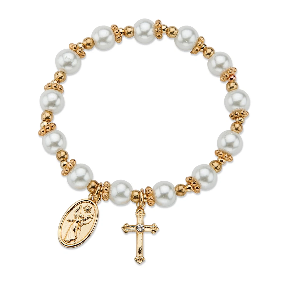 Round Simulated Pearl and Beaded Religious Stretch Bracelet in Goldtone 7" - Image 2 of 4