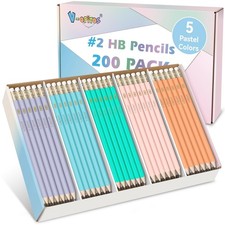 200 Pack 2 HB Pencils, Bulk, Pre-Sharpened, Pastel Colors, Top Erasers, School