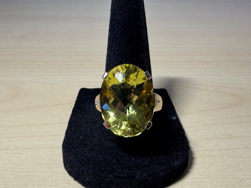 14K Yellow Gold LARGE 18.30ct Oval Lemon Quartz and Diamond Accent Ring Size 8.5 - Picture 4 of 24