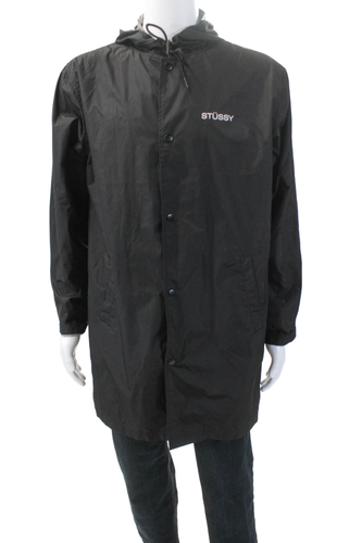 Stussy Mens Hooded Drawstring Long Sleeve Full Zippered Rain Coat Black Size M